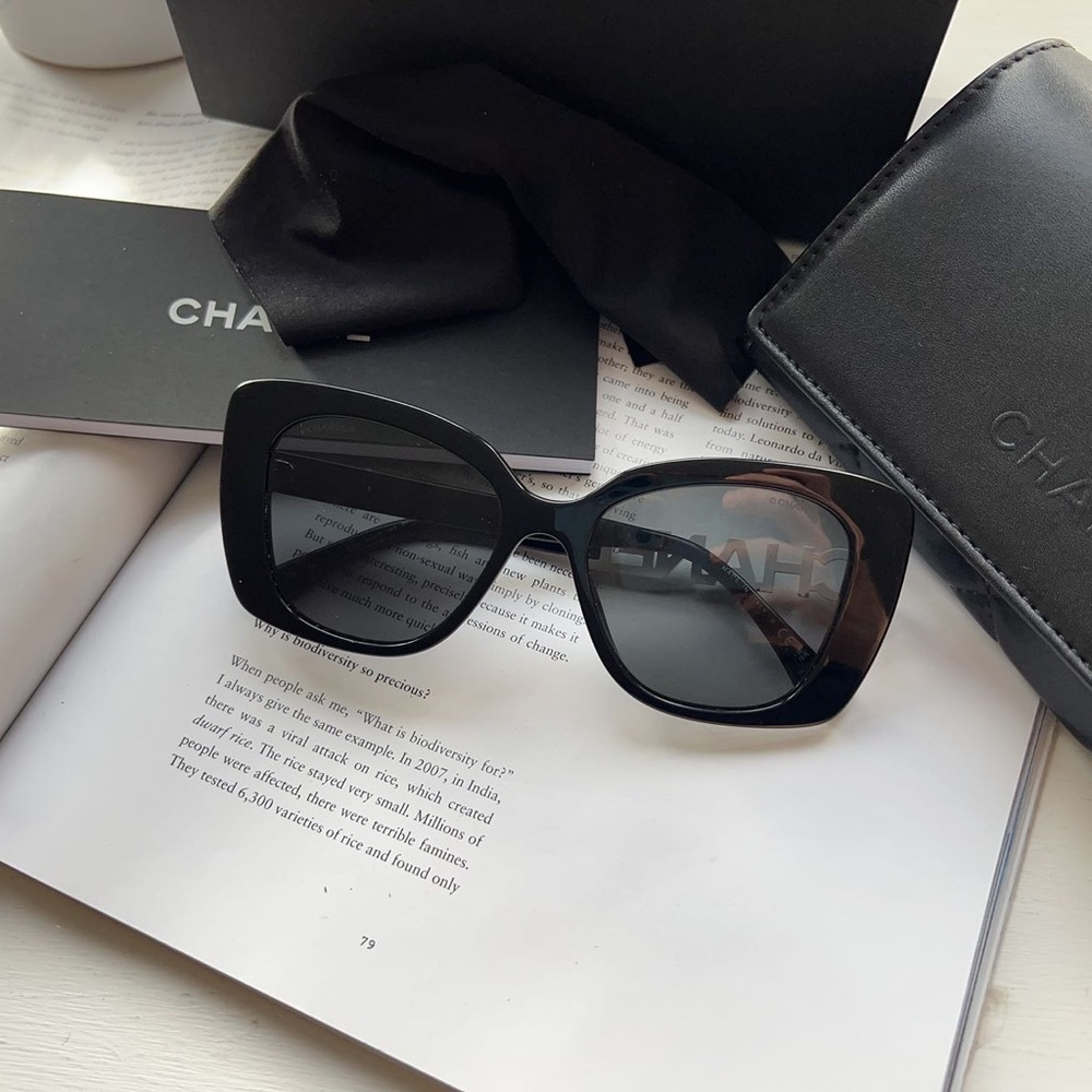 Chanel Square Crystal Logo Sunglasses Grey and Black